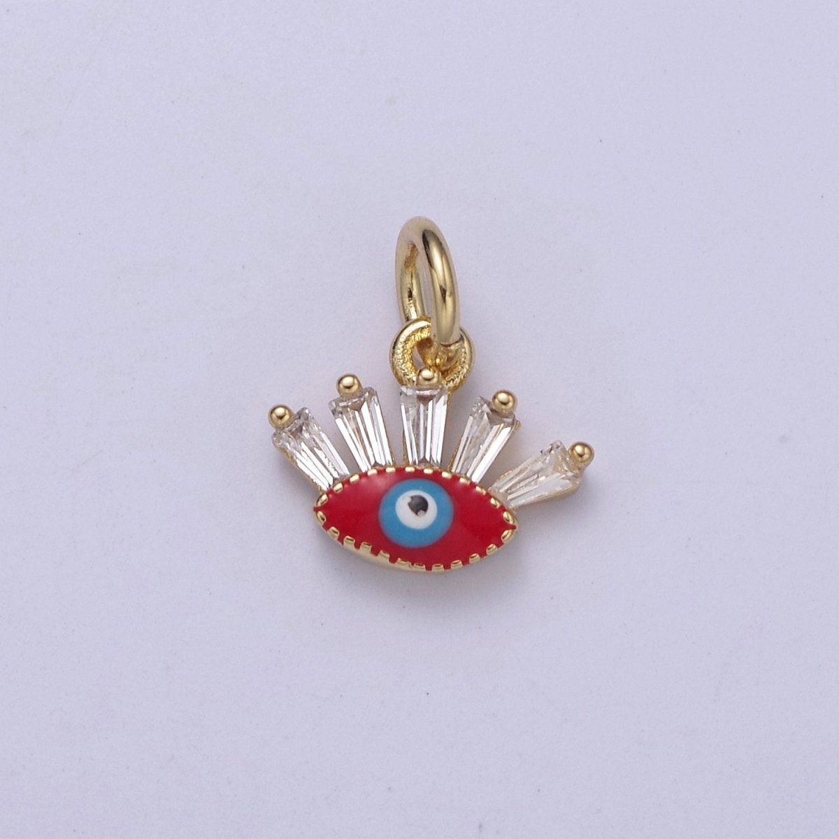 Mini Evil Eye Charm with Baguette CZ 24k Gold Filled eye Charm, Zircon Tiny Amulet Charm, Religious Bracelet Necklace Earring add on Charm Blue Red Enamel C-445 - DLUXCA