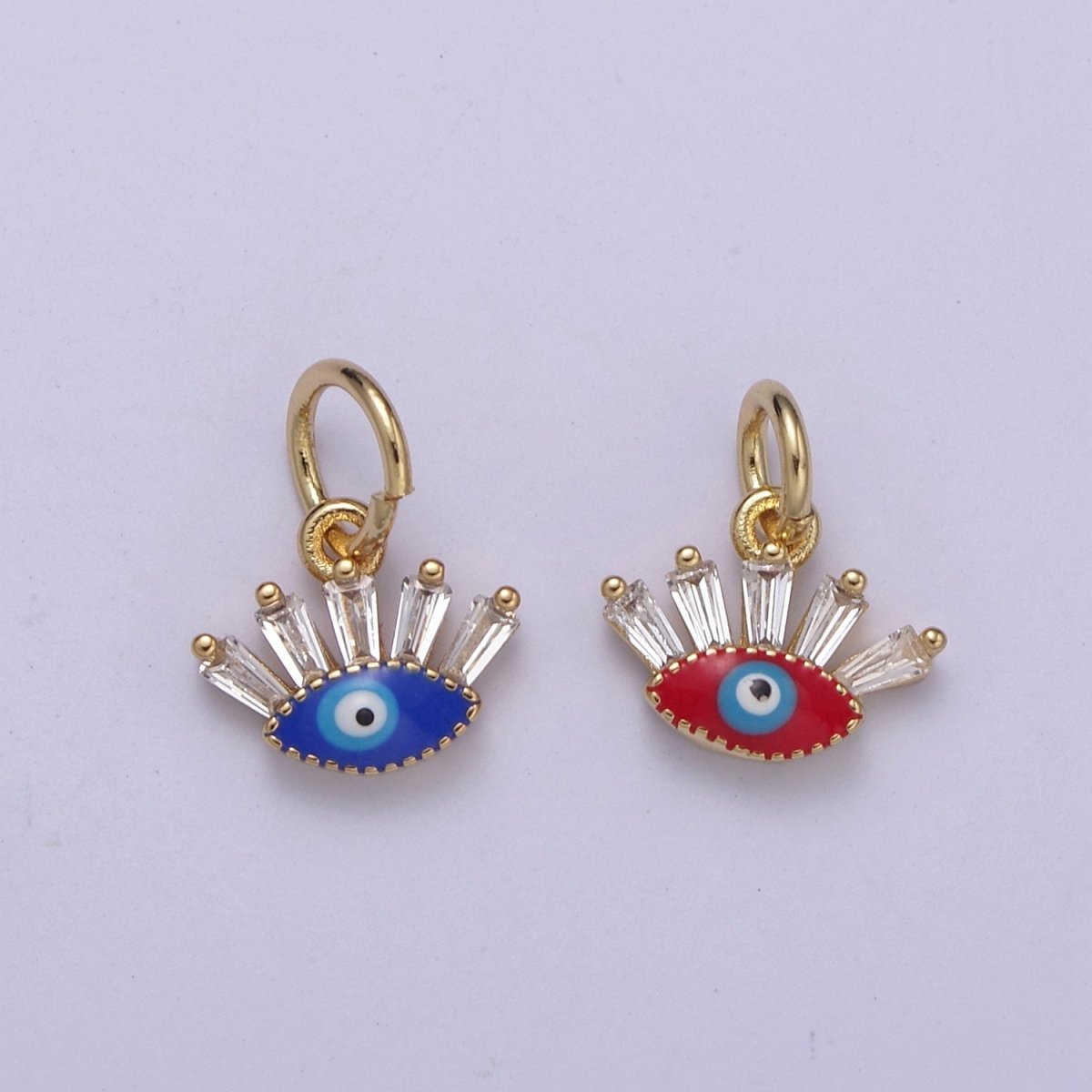 Mini Evil Eye Charm with Baguette CZ 24k Gold Filled eye Charm, Zircon Tiny Amulet Charm, Religious Bracelet Necklace Earring add on Charm Blue Red Enamel C-445 - DLUXCA