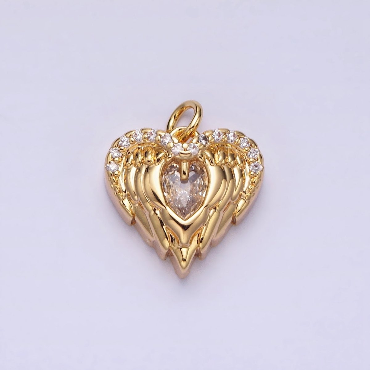 Mini Gold Angel Wing Charm with CZ Oval Stone Heart Guardian Angel Pendant AC494 AC495 - DLUXCA