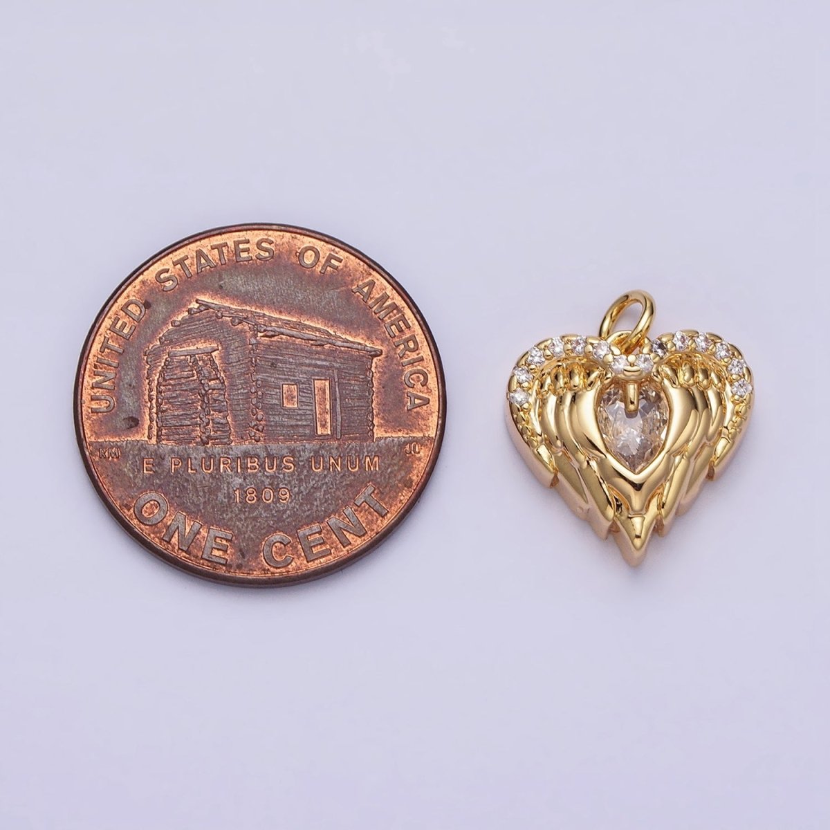 Mini Gold Angel Wing Charm with CZ Oval Stone Heart Guardian Angel Pendant AC494 AC495 - DLUXCA