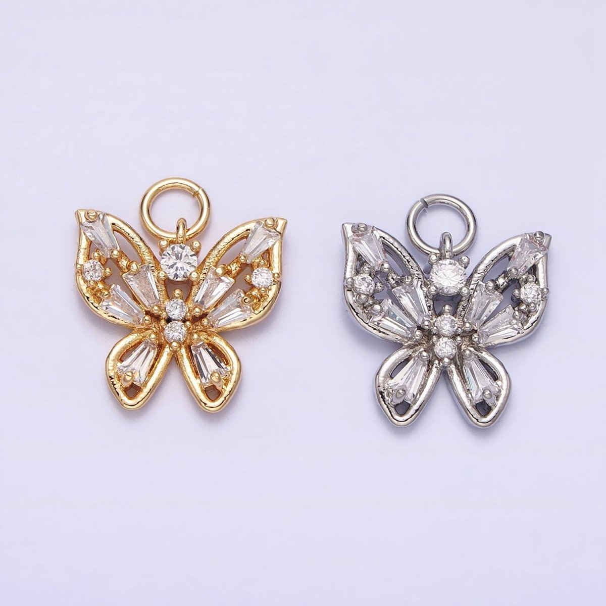 Mini Gold Butterfly Charm with CZ Baguette Stone Mariposa Animal Cubic Zirconia Pendant AC512 AC513 - DLUXCA