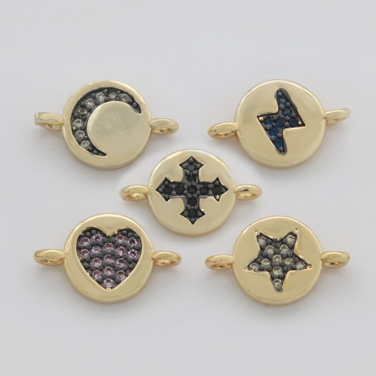Mini Gold Charm Connector Cubic Circle Cz Moon Star Cross Heart thunder Bolt Link Connector for Necklace Bracelet Earring Supply F-911~F-915 - DLUXCA