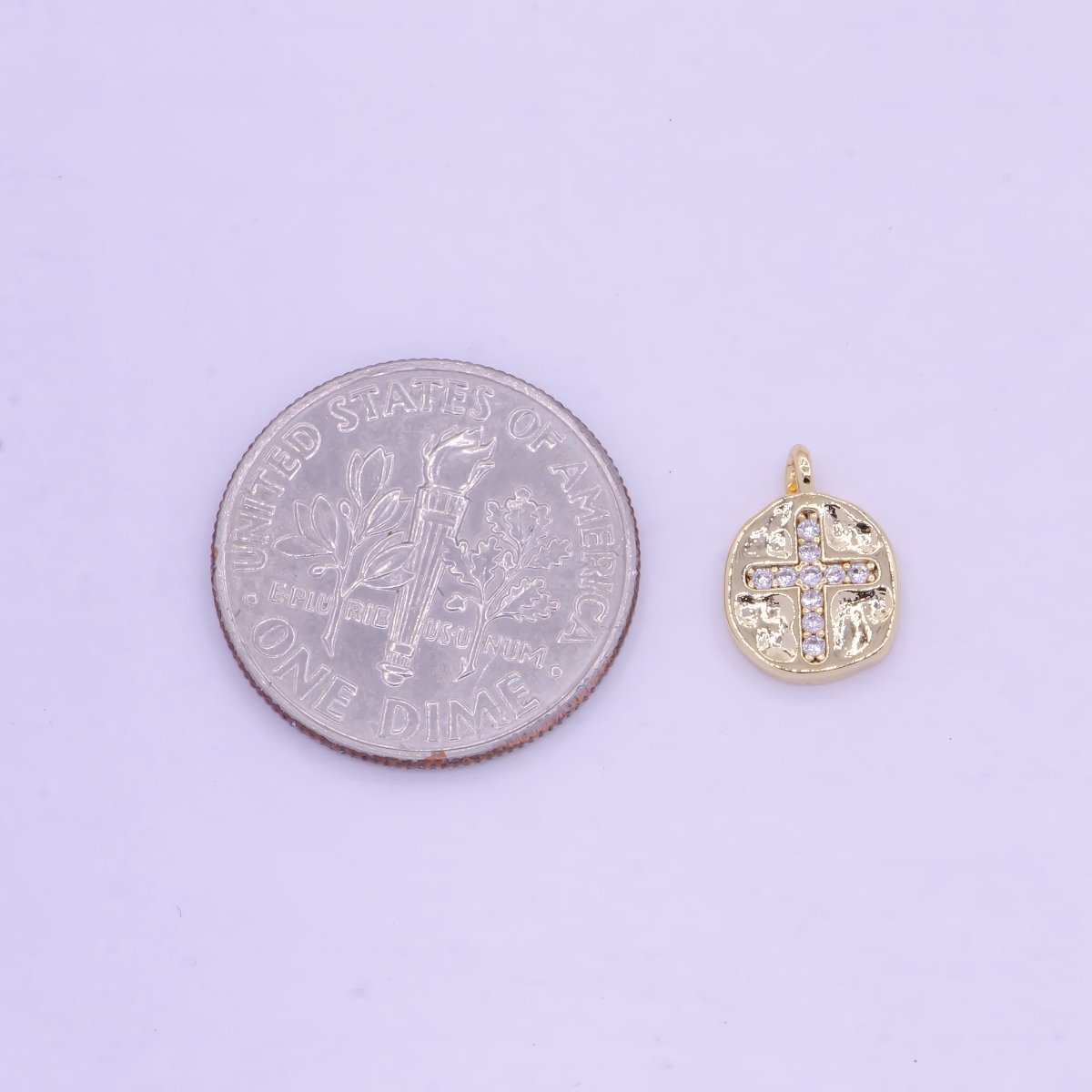 Mini Gold Coin Charm with Micro Pave Cross for Necklace Bracelet Supply AG-078 - DLUXCA