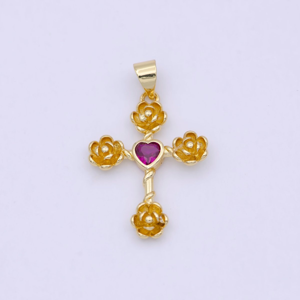 Mini Gold Cross Pendant Silver Rose Cross Charm with Pink Heart Stone N-590 N-591 - DLUXCA