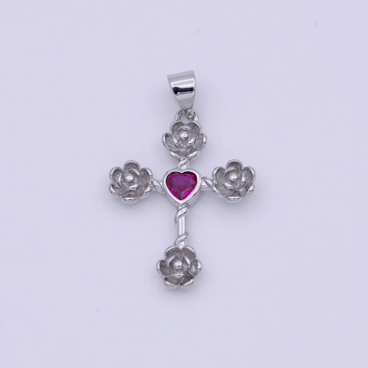Mini Gold Cross Pendant Silver Rose Cross Charm with Pink Heart Stone N-590 N-591 - DLUXCA