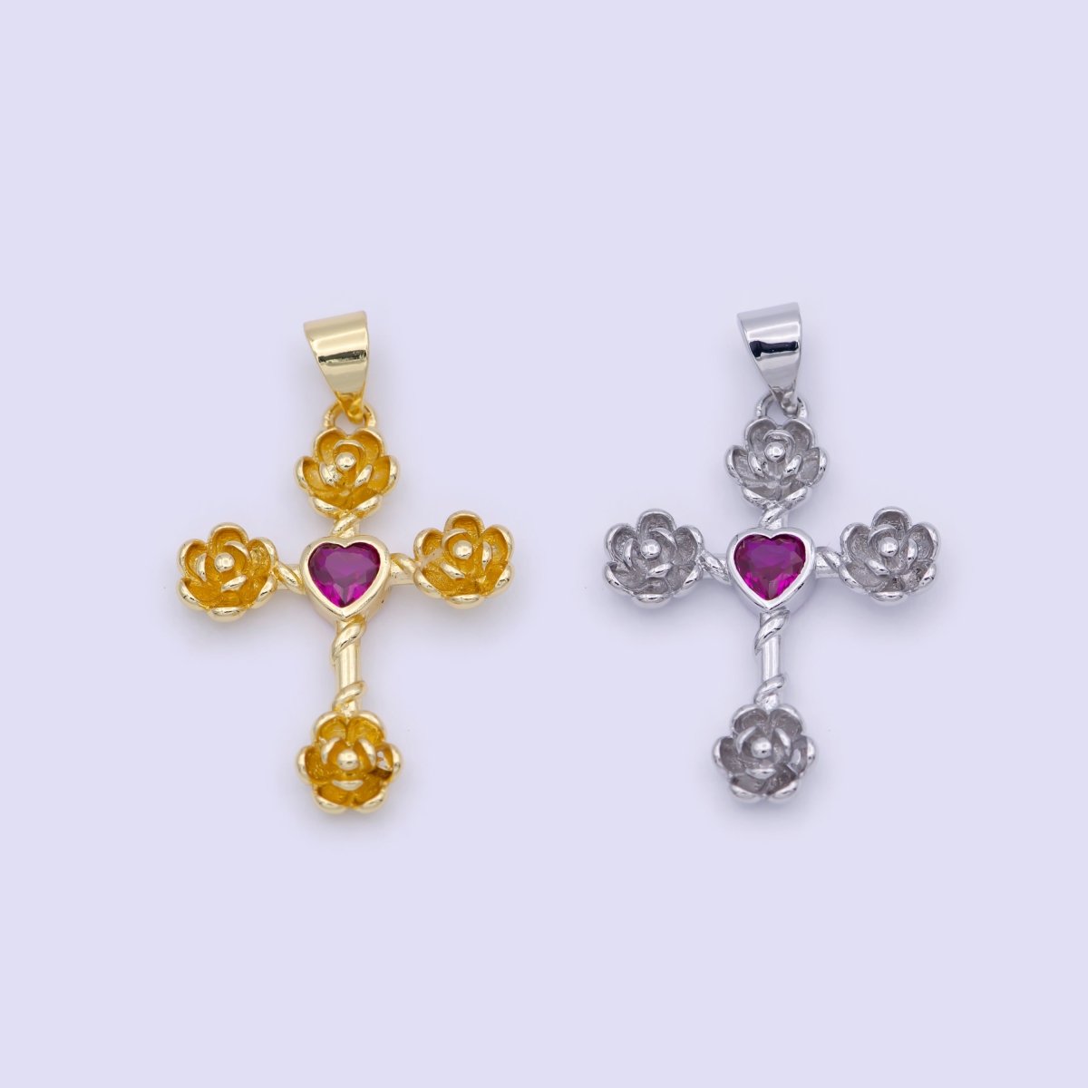 Mini Gold Cross Pendant Silver Rose Cross Charm with Pink Heart Stone N-590 N-591 - DLUXCA