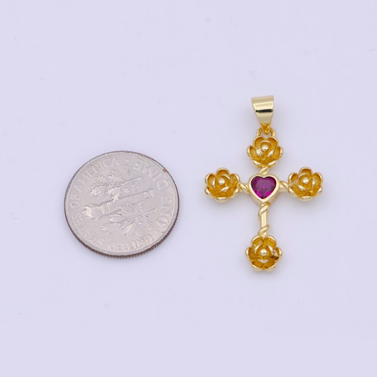 Mini Gold Cross Pendant Silver Rose Cross Charm with Pink Heart Stone N-590 N-591 - DLUXCA