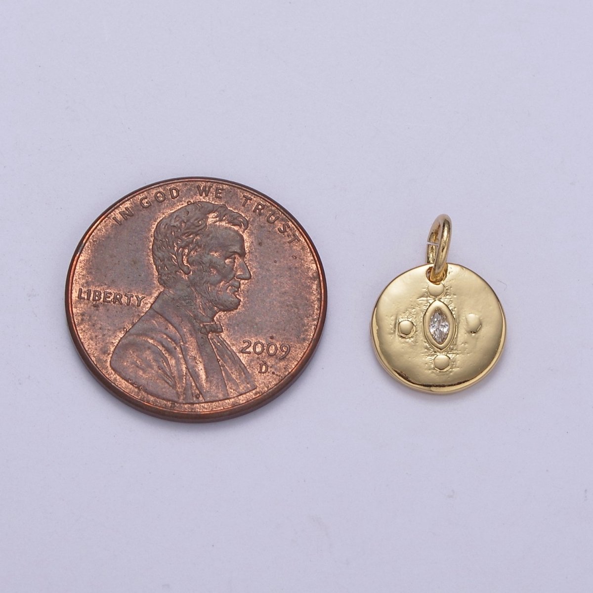 Mini Gold Round Coin Charm with Clear Eye Cz Stone C-578 - DLUXCA