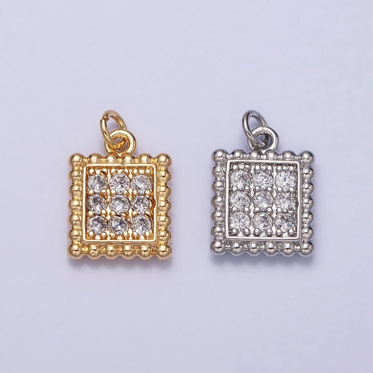 Mini Gold Square Charm Cubic Zirconia Silver Beaded Geometric Charm AC504 AC505 - DLUXCA