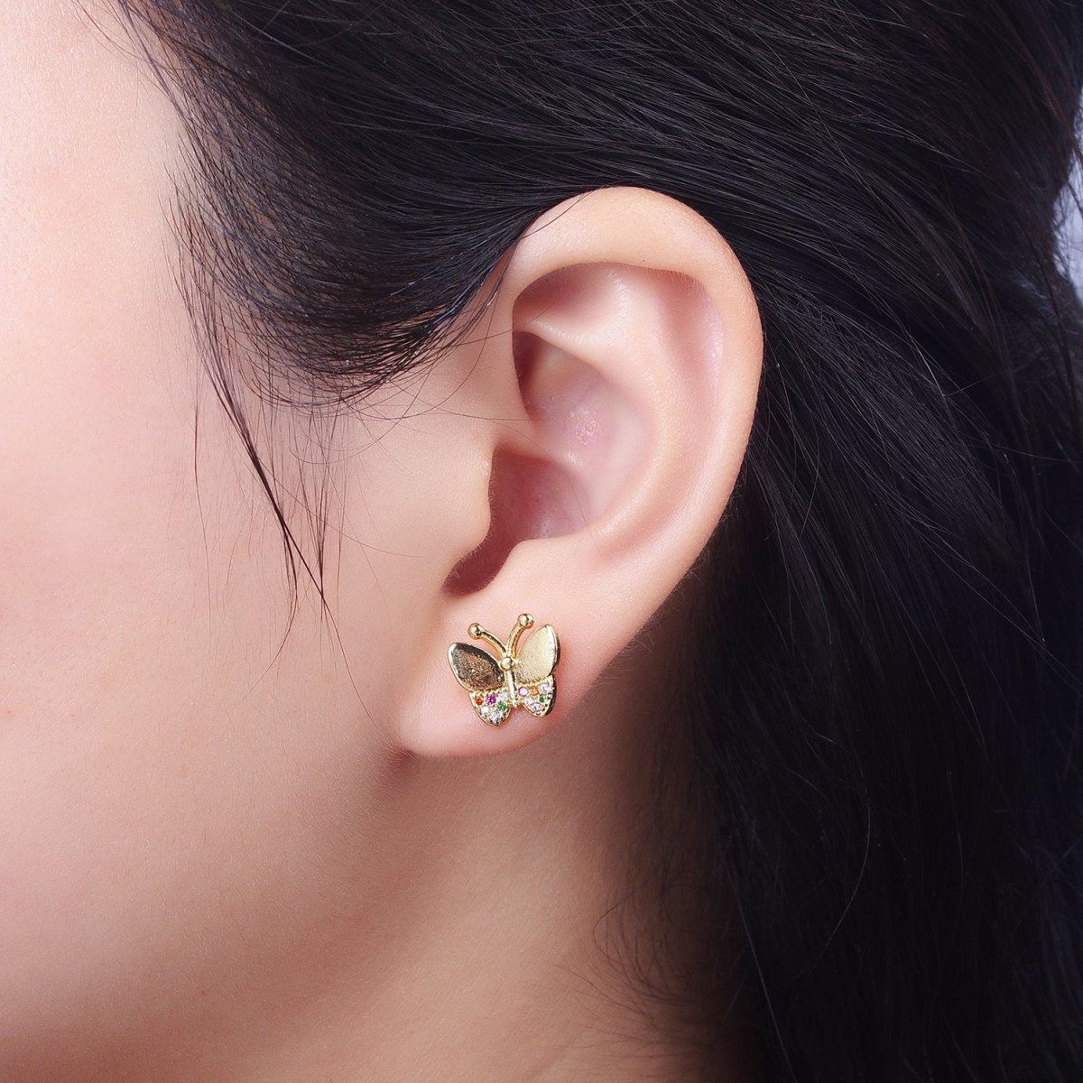 Mini Multicolor CZ Gold Butterfly Wings Stud Earrings | AB007 - DLUXCA