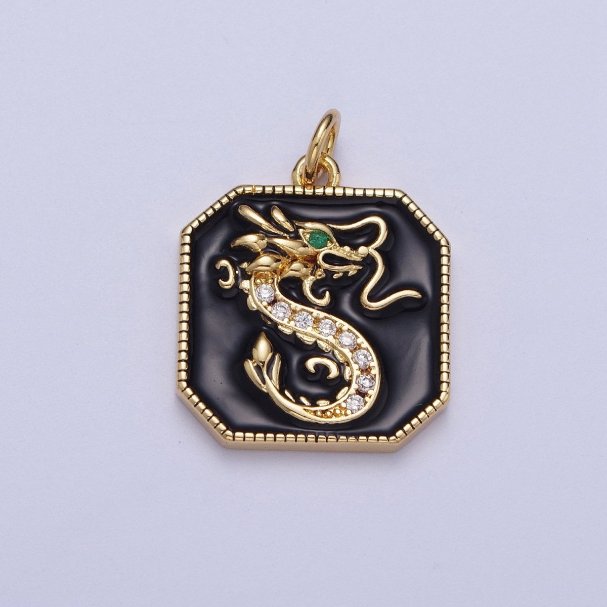 Mini Octagonal Black Enamel Micro Paved CZ Green Eyed Chinese Dragon Tag Charm in Gold & Silver | A-170 C-128 - DLUXCA