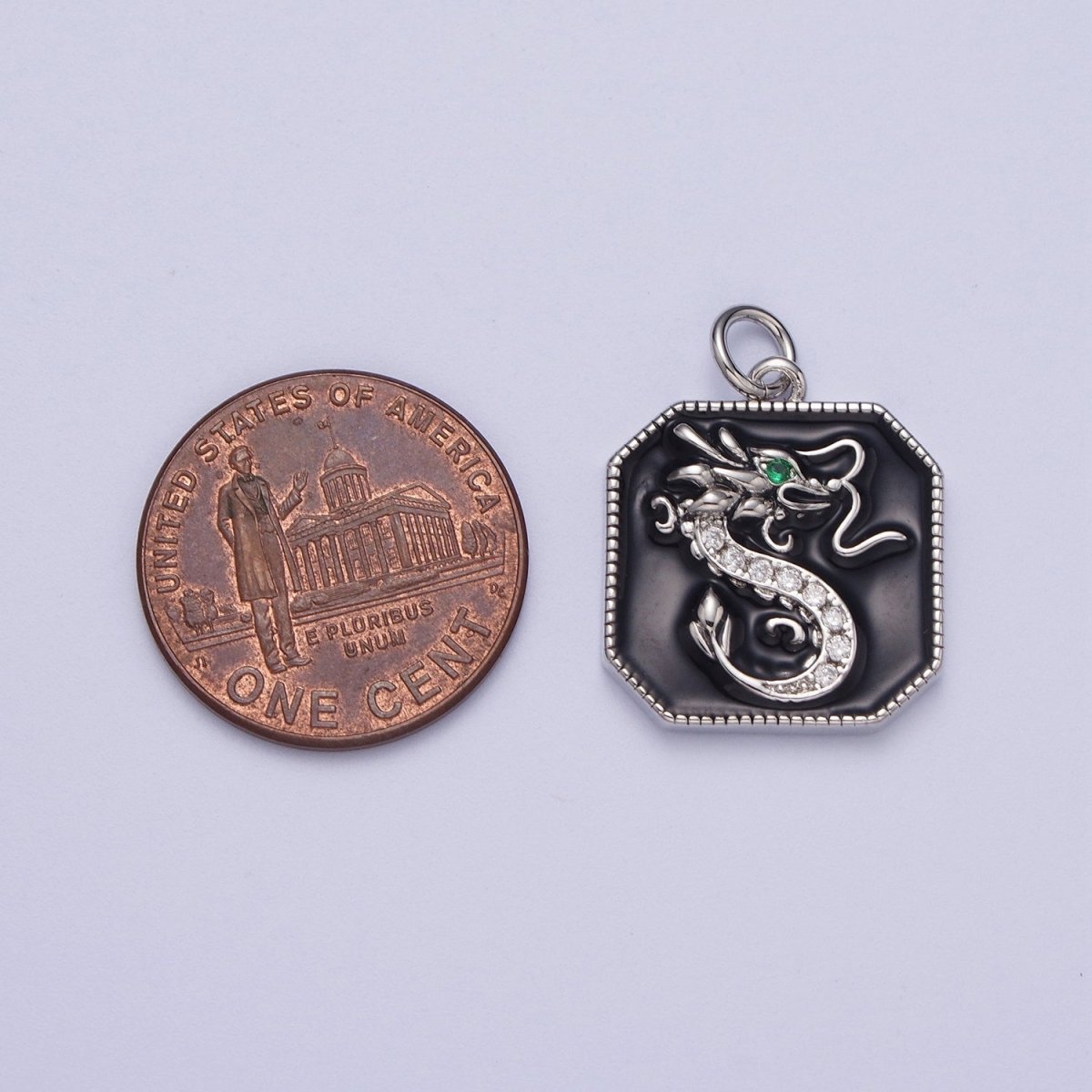 Mini Octagonal Black Enamel Micro Paved CZ Green Eyed Chinese Dragon Tag Charm in Gold & Silver | A-170 C-128 - DLUXCA