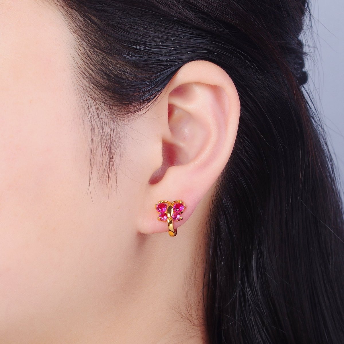 Mini Pink Butterfly Earring Gold Huggie Earring 24k Gold Filled T-453 - DLUXCA
