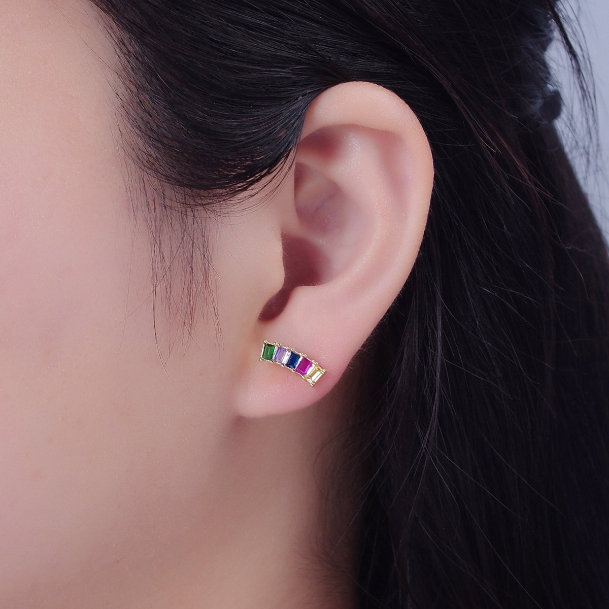 Mini Rainbow Baguette Cz Stud Earring T-390 - DLUXCA