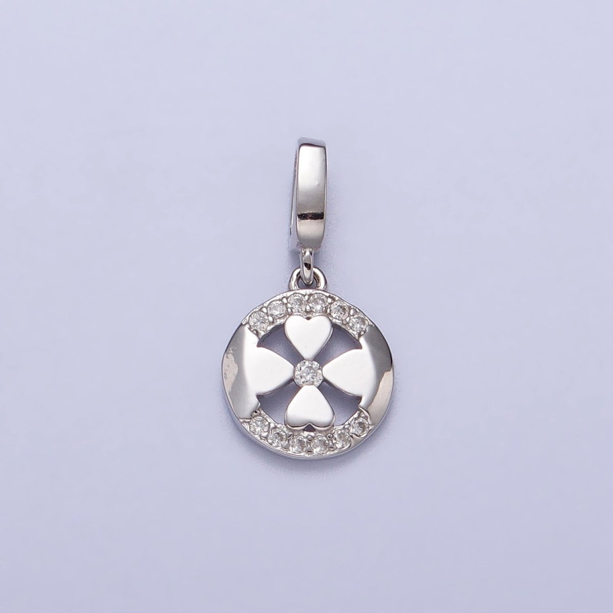 Mini S925 Sterling Silver Clover Charm Micro Pave Round Coin Lucky Four Leaf Pendant SL-390 - DLUXCA