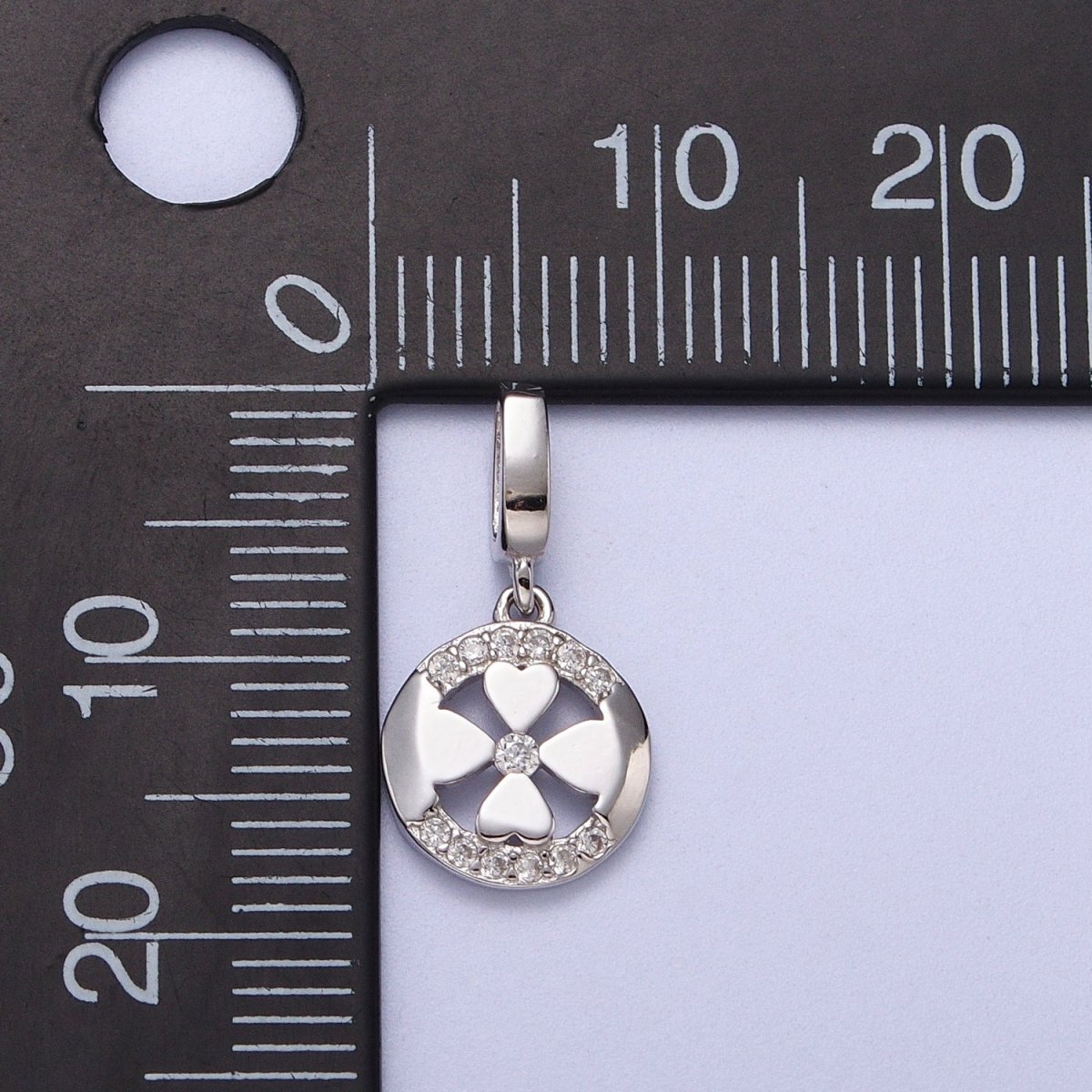 Mini S925 Sterling Silver Clover Charm Micro Pave Round Coin Lucky Four Leaf Pendant SL-390 - DLUXCA