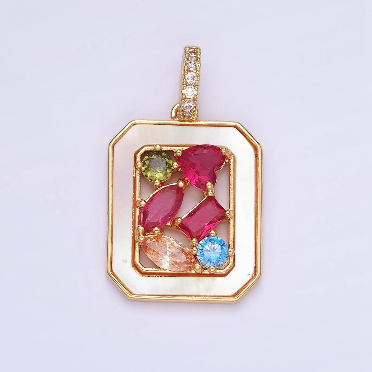 Mini Tag Charm 14K Gold Filled Pearl Square Charm with Colorful CZ Stone AA1196 - DLUXCA