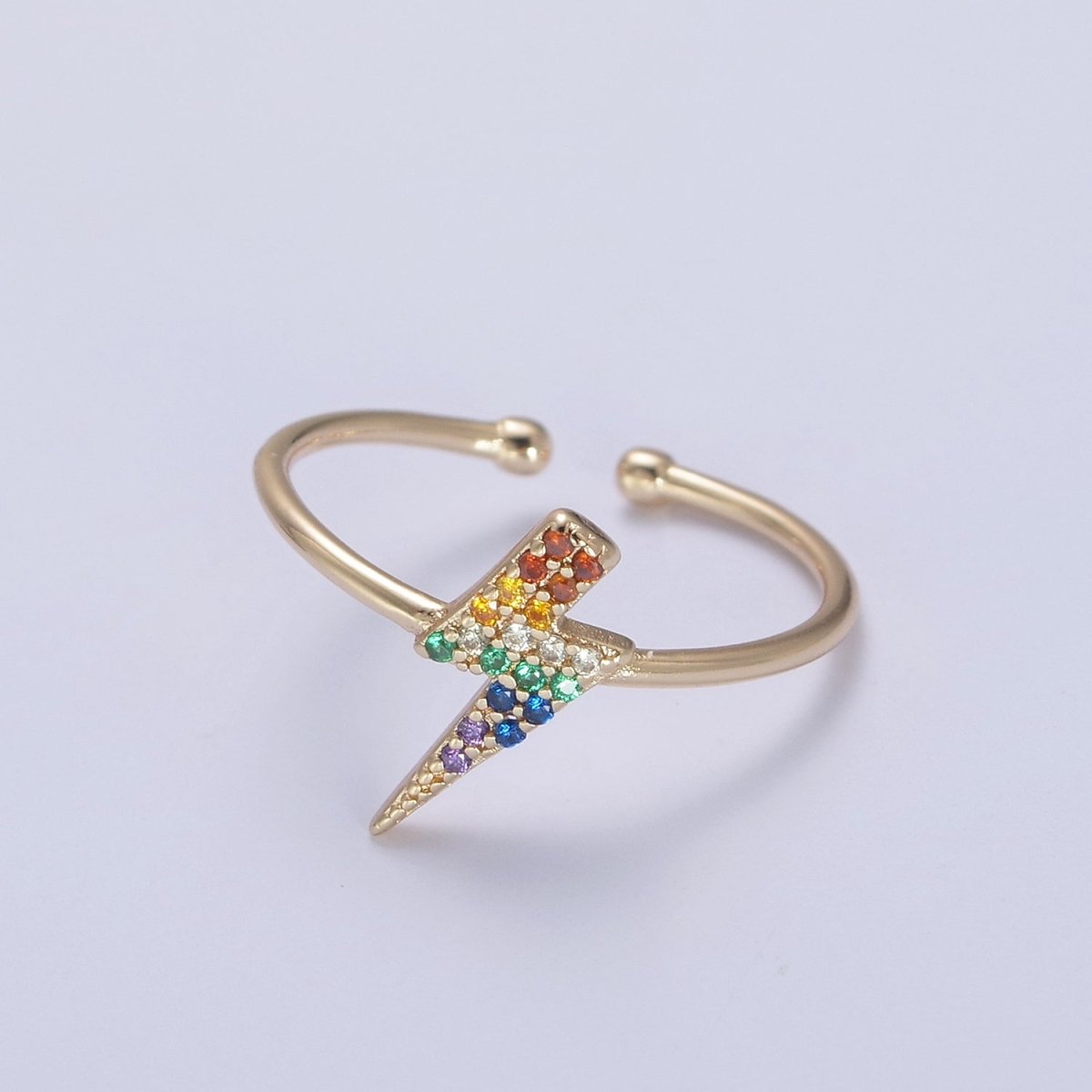 Minimalist 16K Gold Filled Lightning Bolt Rainbow Crystal Zirconia CZ Adjustable Ring U-417 - DLUXCA