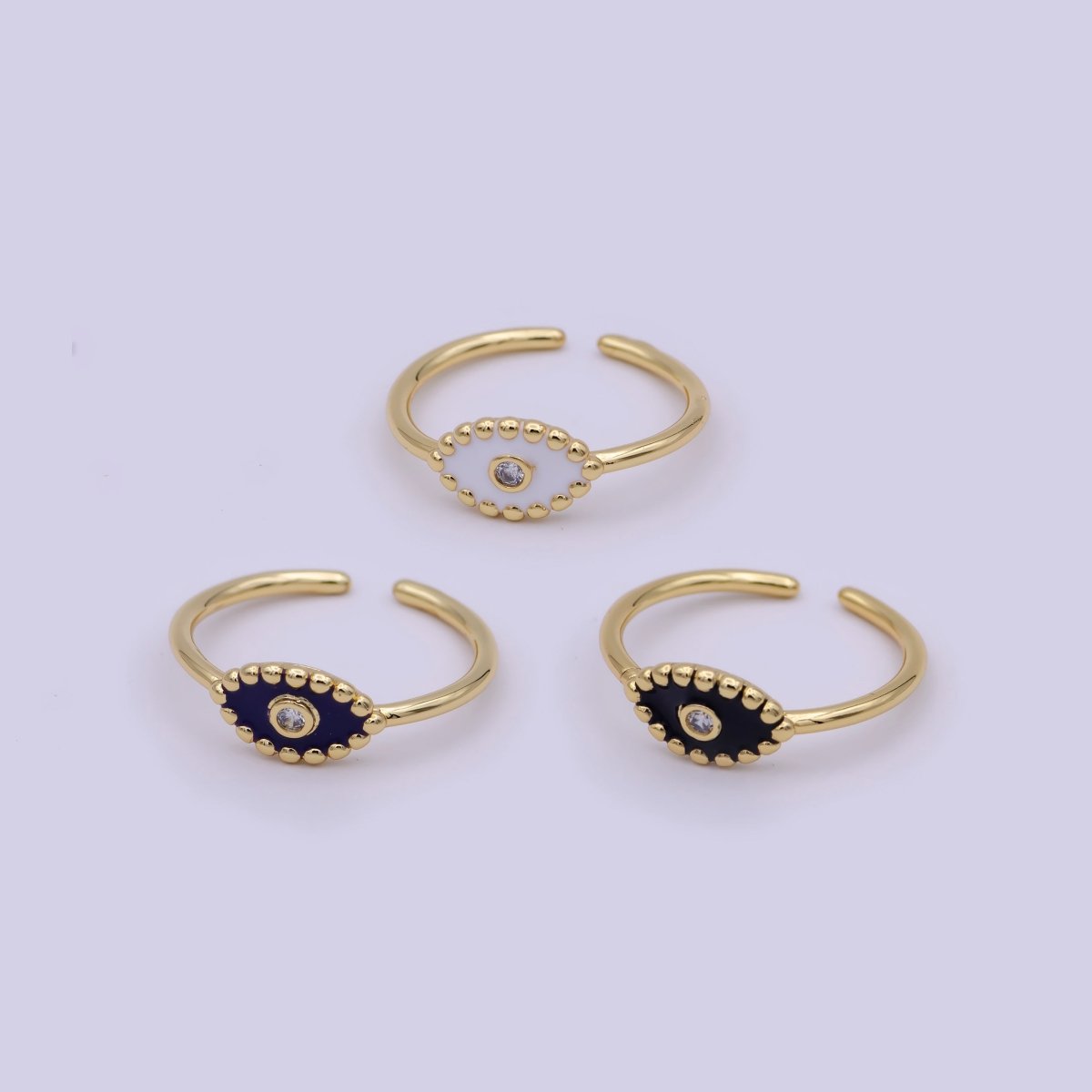 Minimalist 24K Gold Filled Beaded Evil Eye with Crystal Zirconia CZ Adjustable Ring, Navy Blue White Black Enamel Ring | U-404-U-406 - DLUXCA