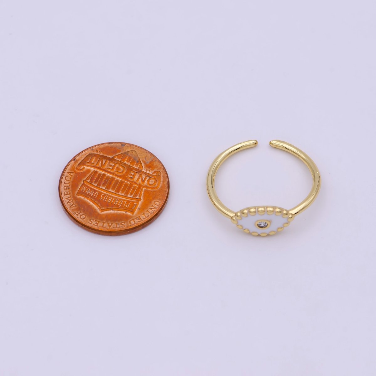 Minimalist 24K Gold Filled Beaded Evil Eye with Crystal Zirconia CZ Adjustable Ring, Navy Blue White Black Enamel Ring | U-404-U-406 - DLUXCA