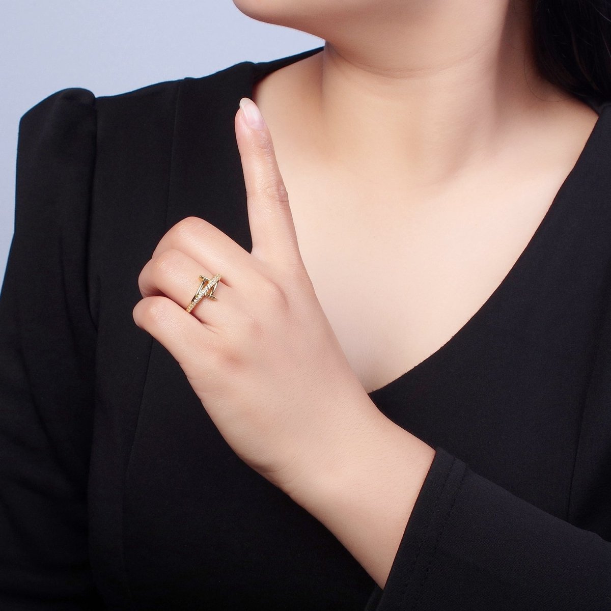 Minimalist 24K Gold Filled Micro Pave CZ Open T Ring in Silver & Gold O-2285 O-2286 - DLUXCA