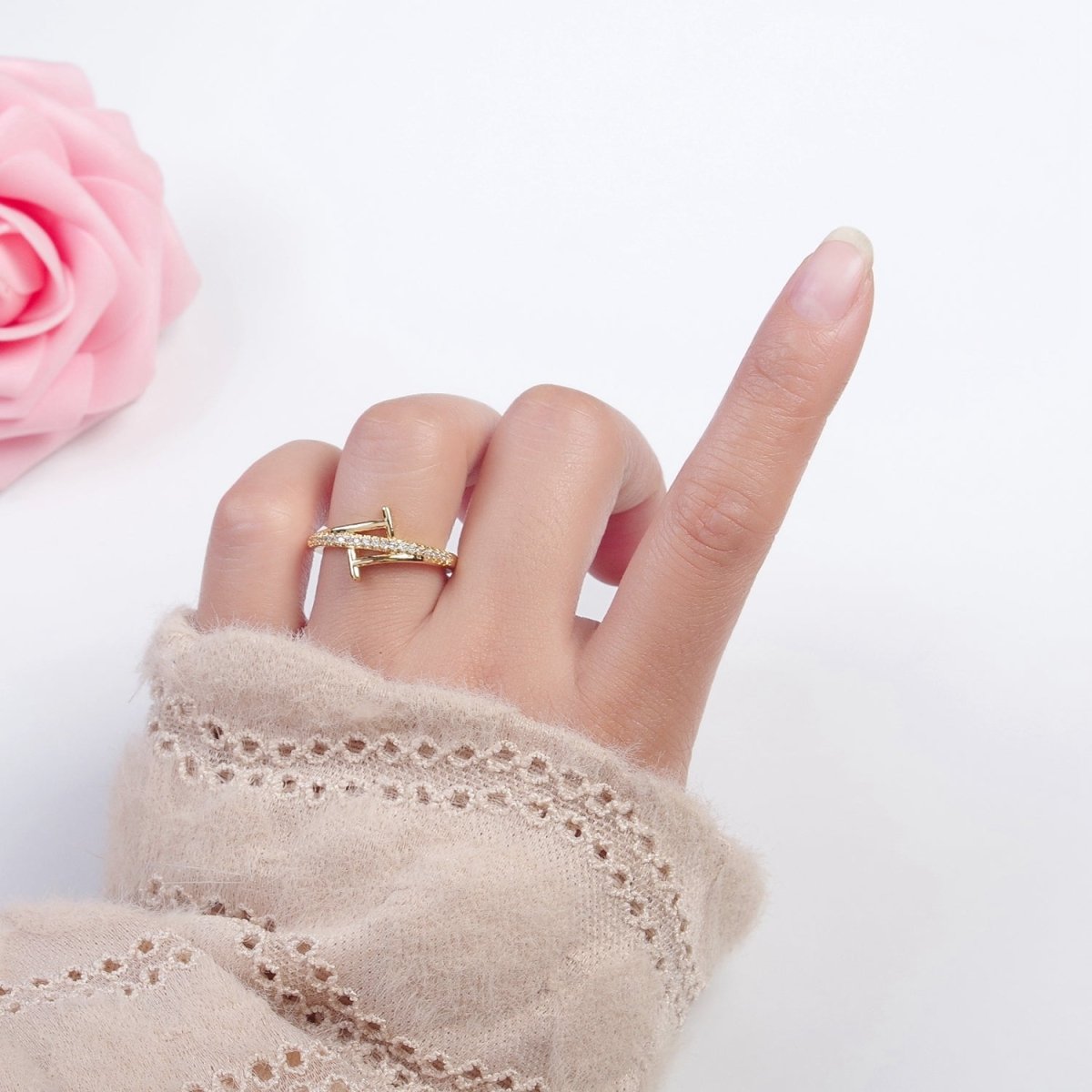 Minimalist 24K Gold Filled Micro Pave CZ Open T Ring in Silver & Gold O-2285 O-2286 - DLUXCA