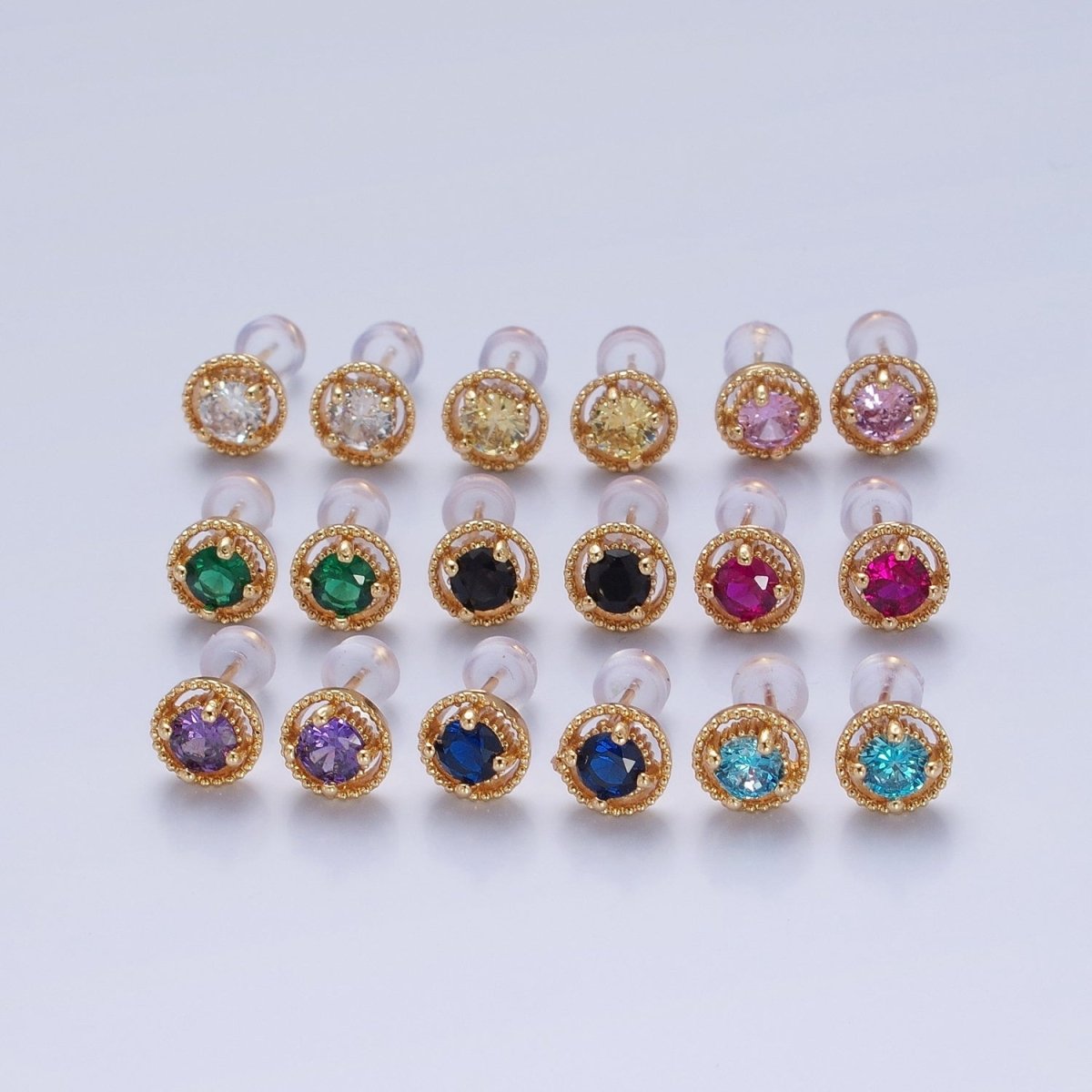 Minimalist 24K Gold Filled Multicolor Round Cubic Zirconia Stud Earrings, V423-V31 - DLUXCA