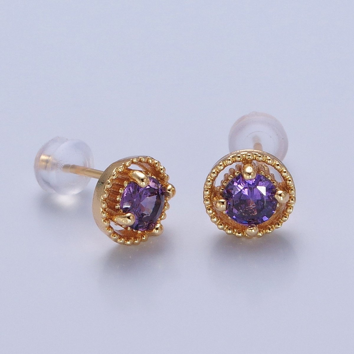 Minimalist 24K Gold Filled Multicolor Round Cubic Zirconia Stud Earrings, V423-V31 - DLUXCA