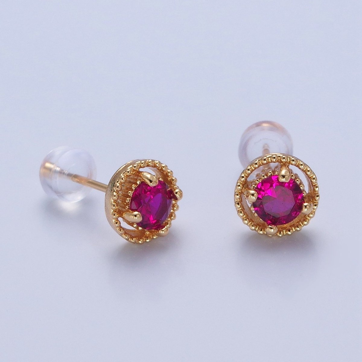 Minimalist 24K Gold Filled Multicolor Round Cubic Zirconia Stud Earrings, V423-V31 - DLUXCA