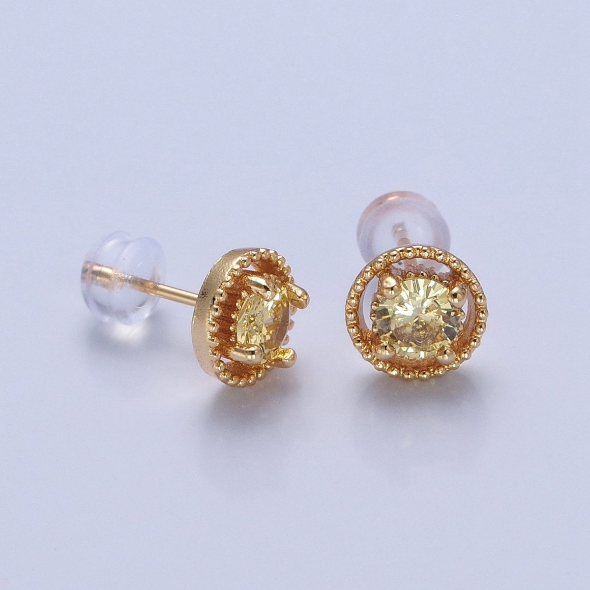 Minimalist 24K Gold Filled Multicolor Round Cubic Zirconia Stud Earrings, V423-V31 - DLUXCA