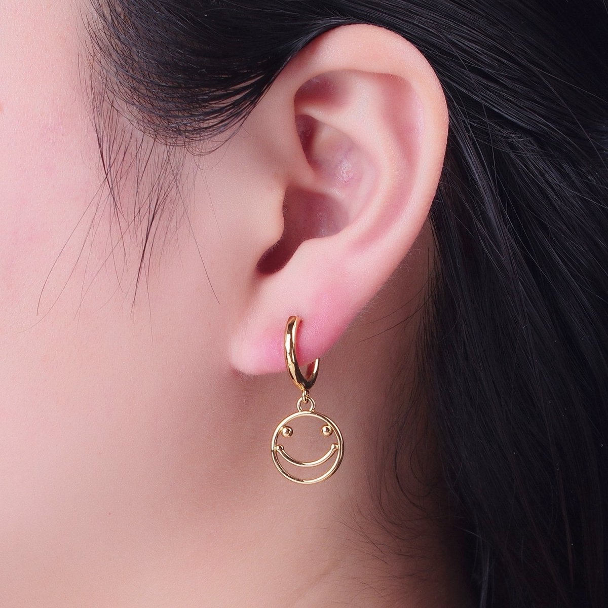 Minimalist 24K Gold Filled Open Smiley Face Charm Dangle Drop Huggie Hoop Earrings T-130 - DLUXCA