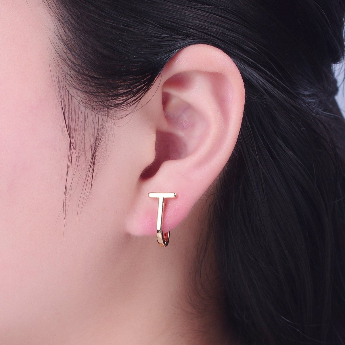 Minimalist 24K Gold Filled T Bar U Shaped Huggie Hoop Earrings P-420 - DLUXCA