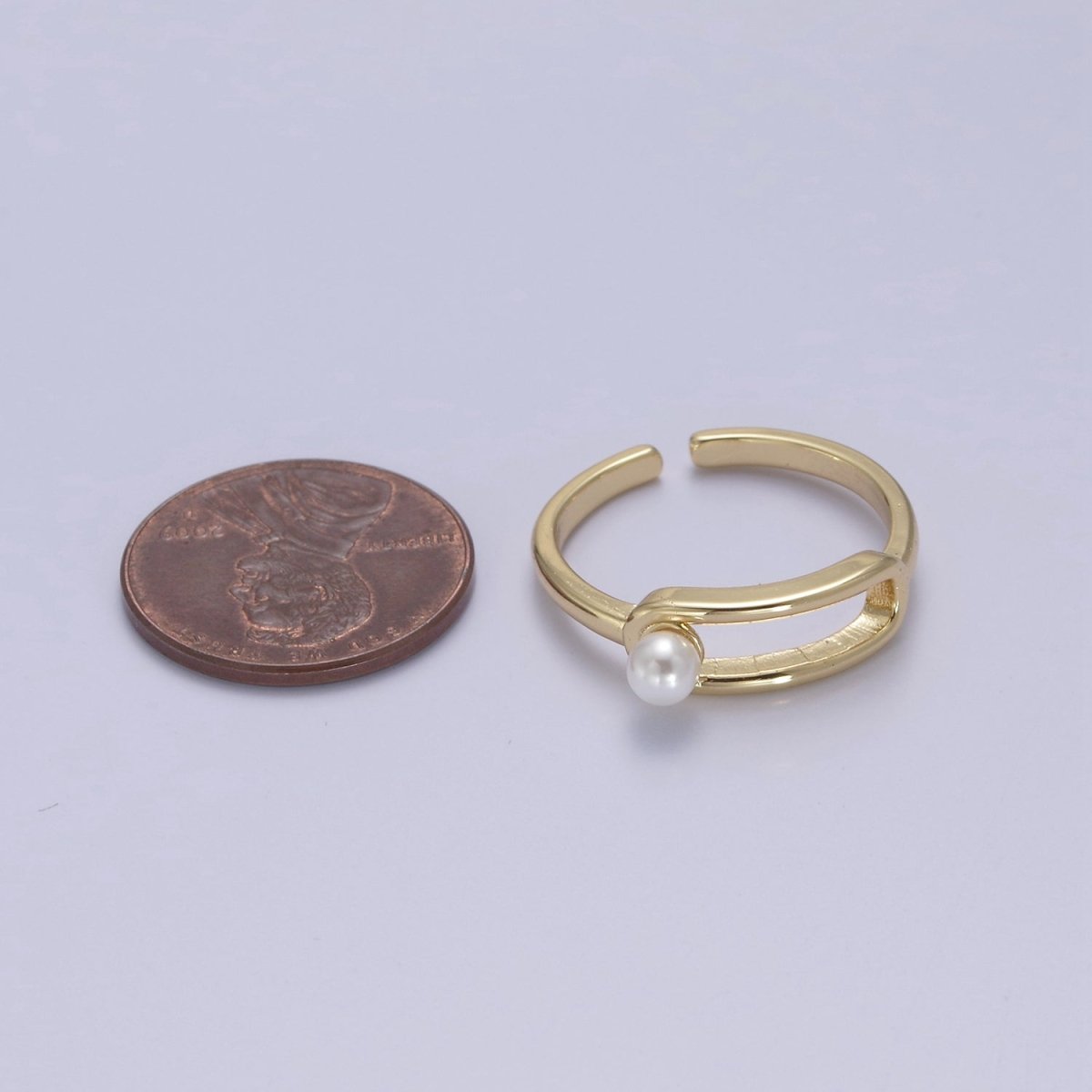 Minimalist 24K Gold Filled White Pearl Ring, Double Belt Buckle Adjustable Ring in Gold & Silver S-348 S-349 - DLUXCA