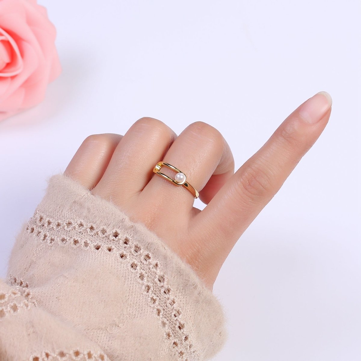 Minimalist 24K Gold Filled White Pearl Ring, Double Belt Buckle Adjustable Ring in Gold & Silver S-348 S-349 - DLUXCA