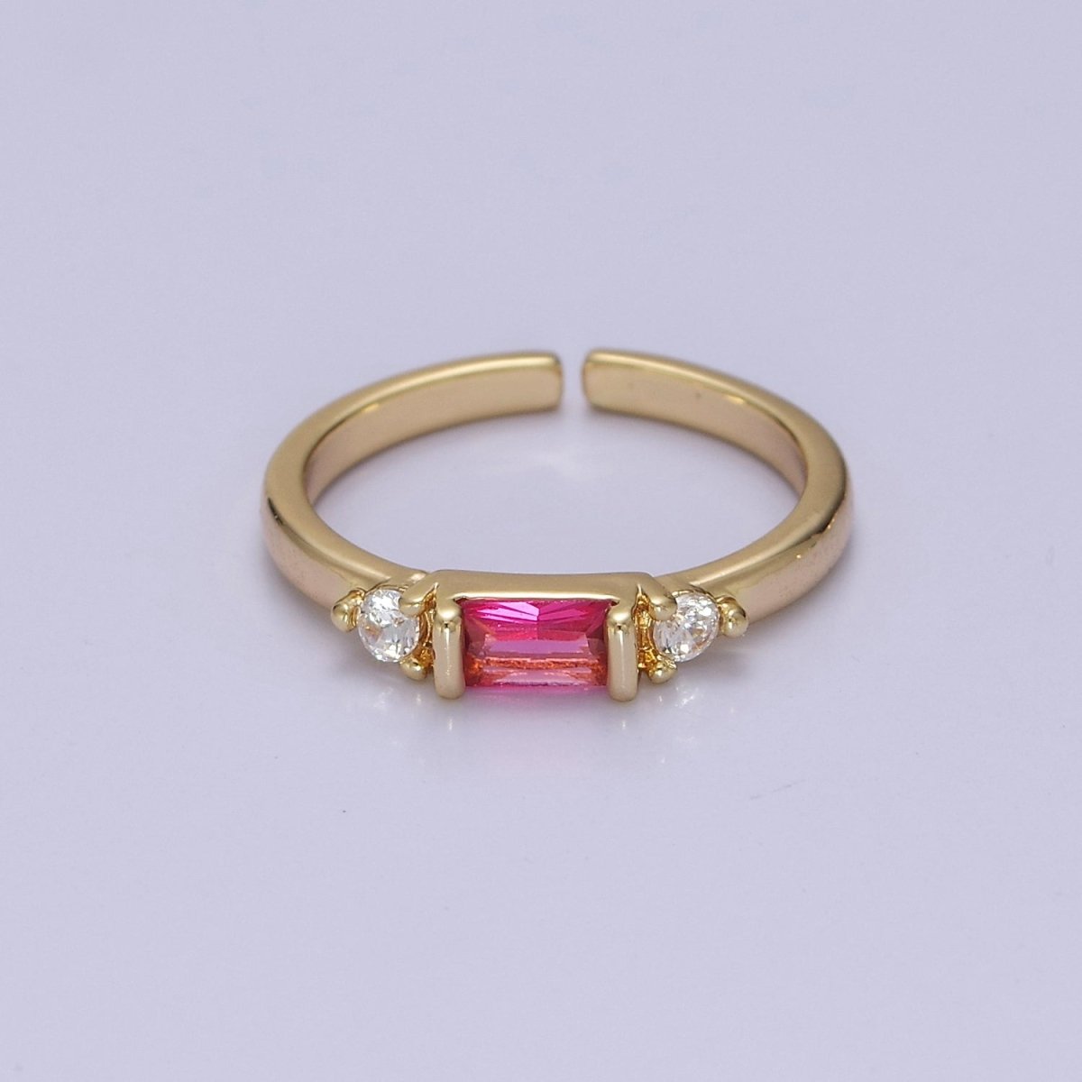 Minimalist Baguette Ring with Pink Purple Blue Clear Green Cz Stone Gold Band Adjustable ring O-2065 ~ O-2070 - DLUXCA