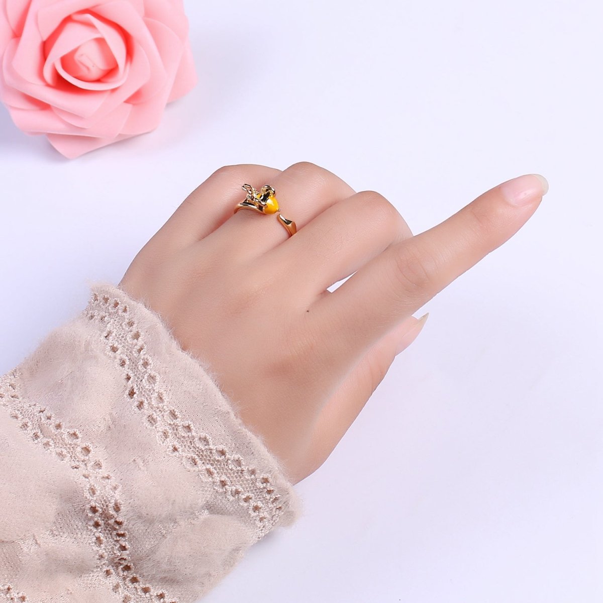 Minimalist Bee Ring, Gold Filled Ring for Women, Dainty Open Adjustable Ring, Simple Bumble Bee Jewelry Gift, Unique Statement Ring U-018 - DLUXCA