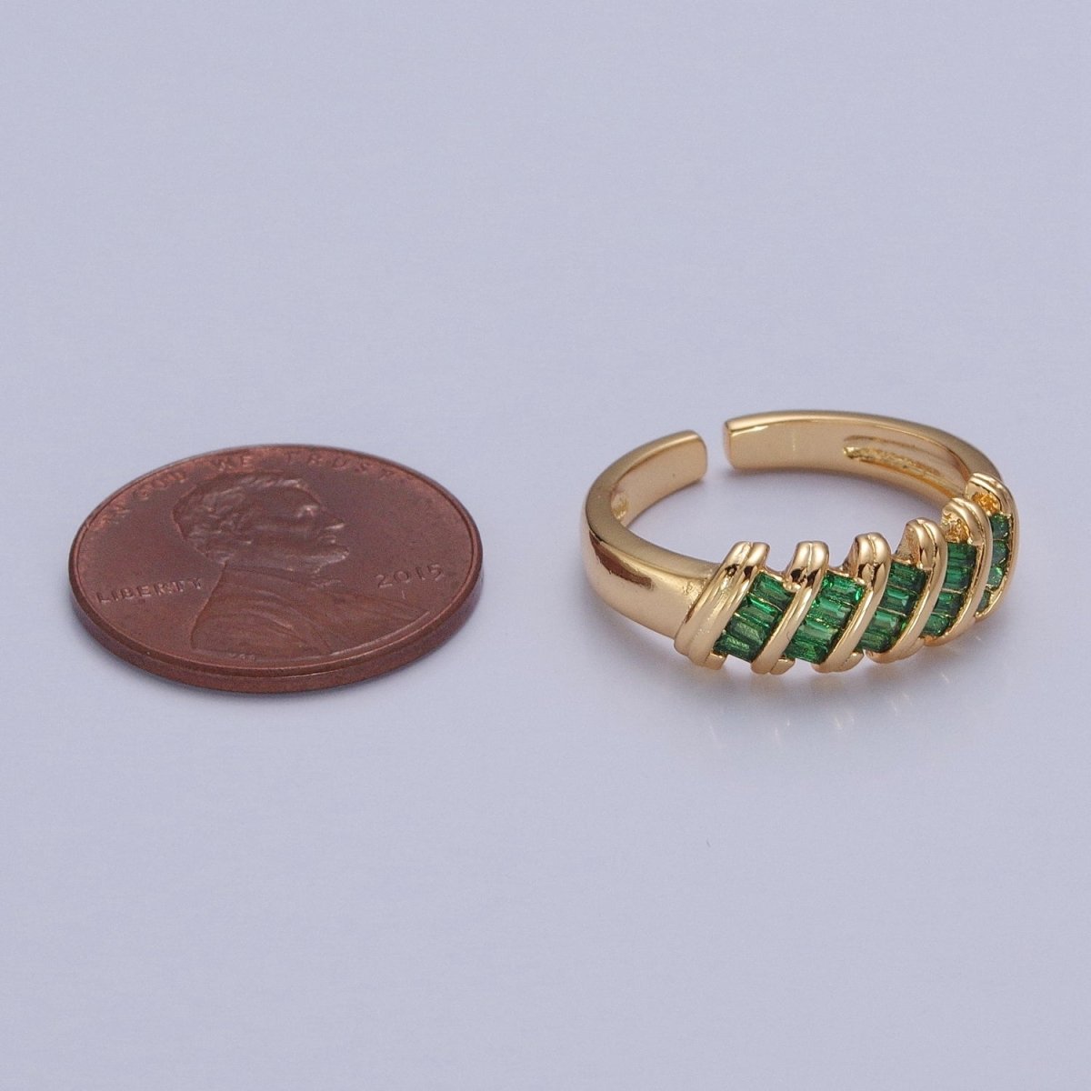 Minimalist Clear Green Baguette Cubic Zirconia Adjustable Gold Ring | X-609 X-610 - DLUXCA
