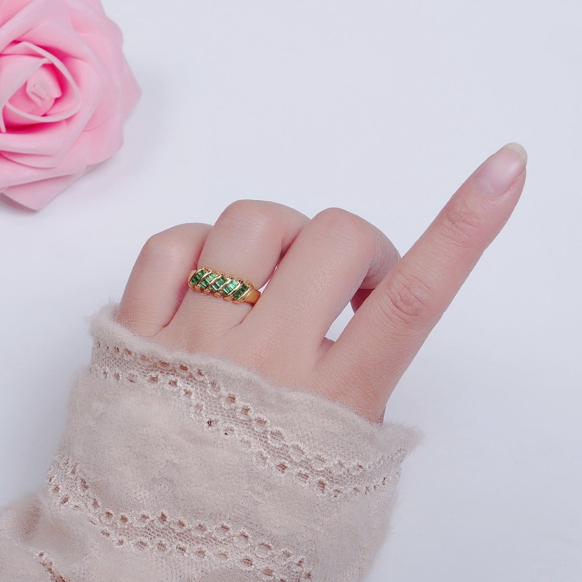 Minimalist Clear Green Baguette Cubic Zirconia Adjustable Gold Ring | X-609 X-610 - DLUXCA