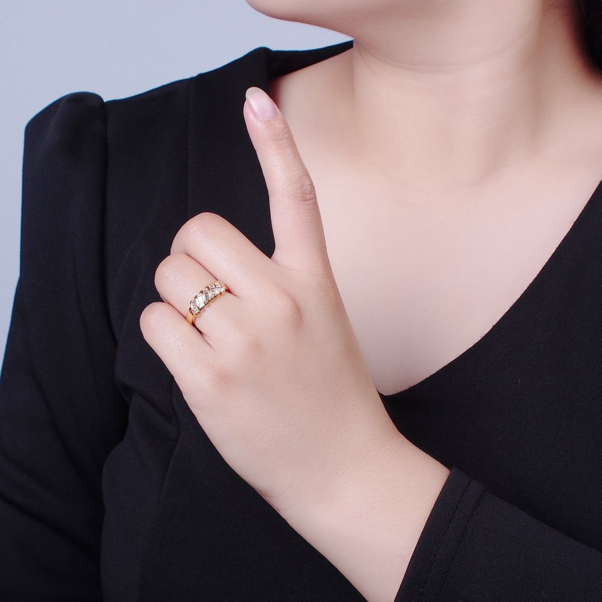 Minimalist Clear Green Baguette Cubic Zirconia Adjustable Gold Ring | X-609 X-610 - DLUXCA