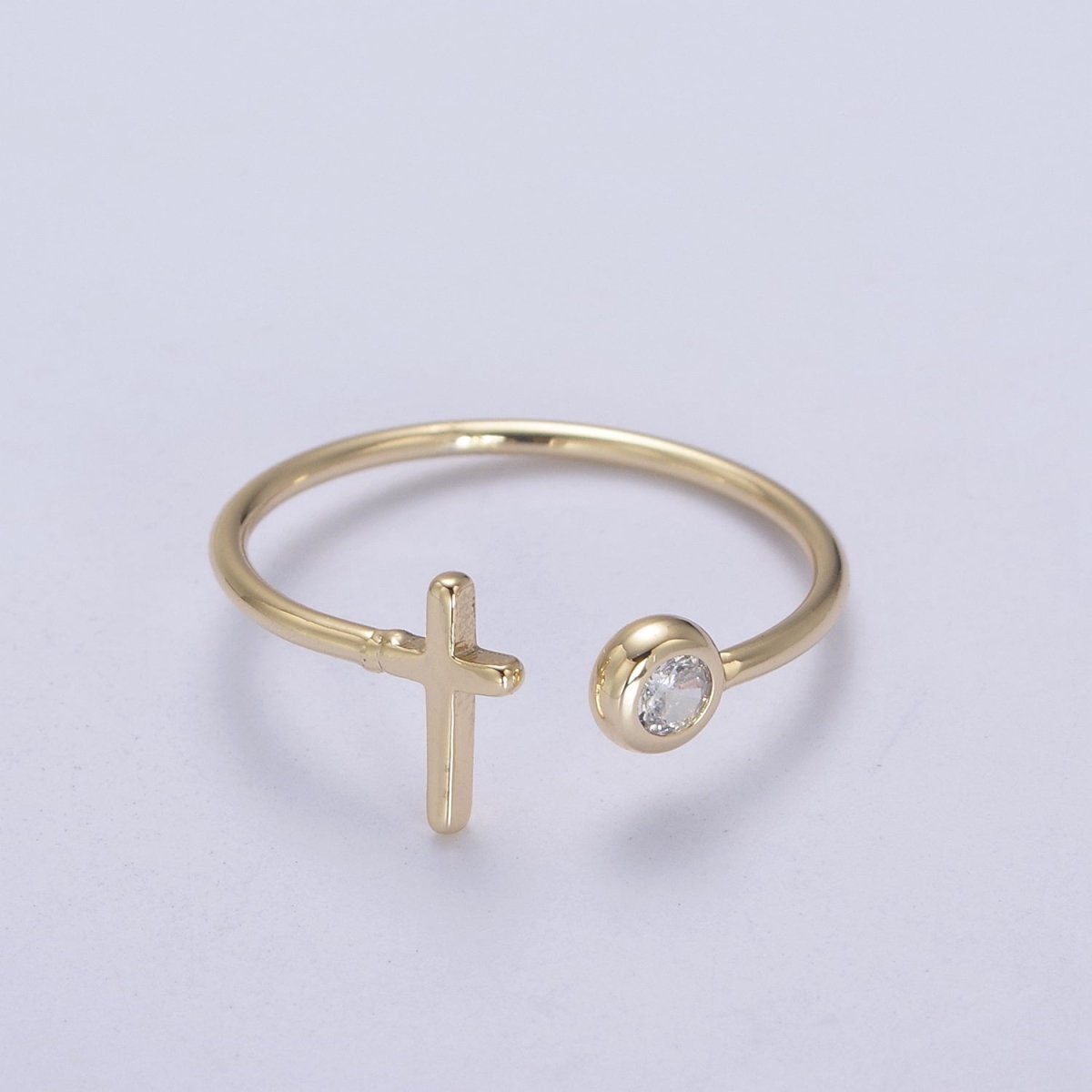 Minimalist Crystal Zirconia CZ, 16K Gold Filled Cross Open Adjustable Ring U-340 - DLUXCA