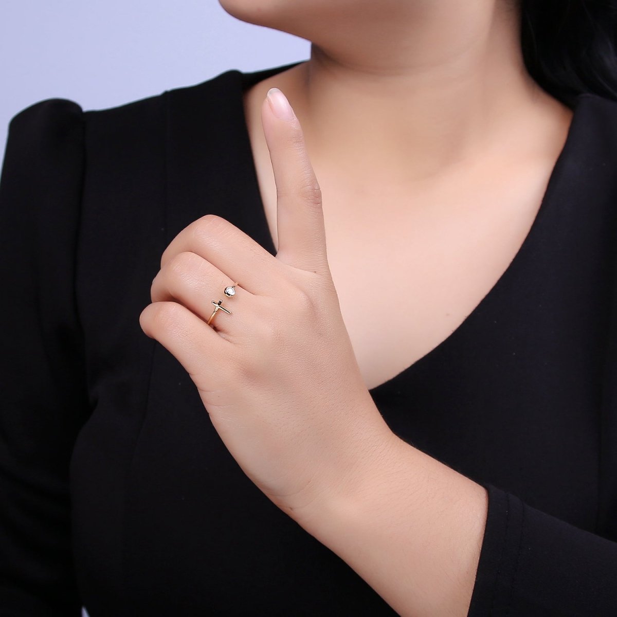 Minimalist Crystal Zirconia CZ, 16K Gold Filled Cross Open Adjustable Ring U-340 - DLUXCA