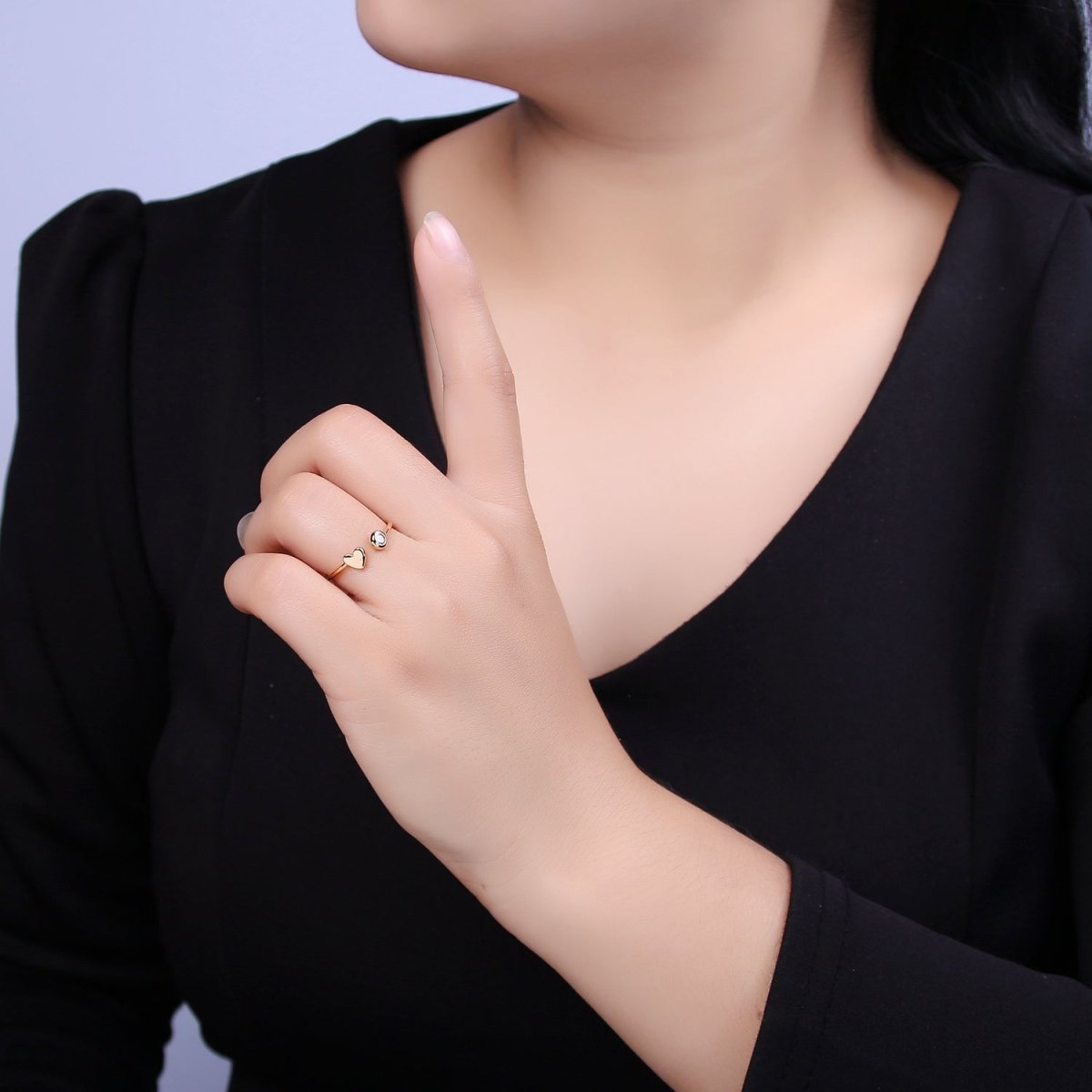 Minimalist Crystal Zirconia CZ, 16K Gold Filled Geometric Heart Open Adjustable Ring U-346 - DLUXCA