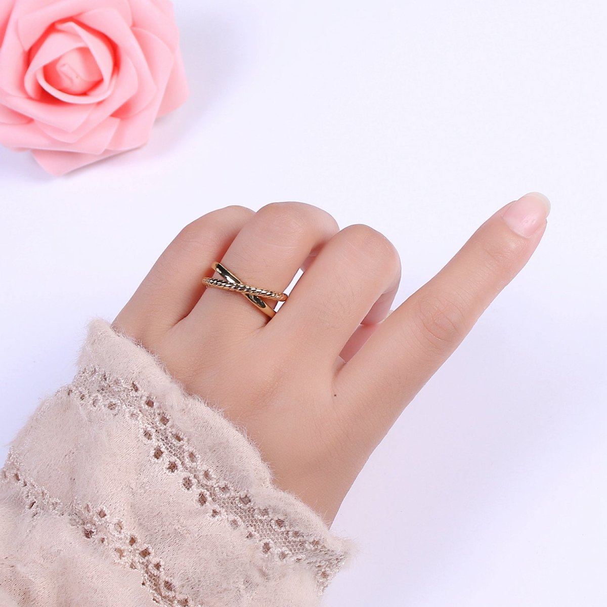 Minimalist Dainty Crossed X Twisted Rope Double Band Adjustable Gold Ring U-125 - DLUXCA