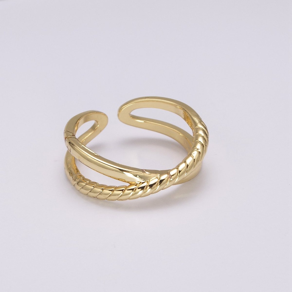 Minimalist Dainty Crossed X Twisted Rope Double Band Adjustable Gold Ring U-125 - DLUXCA