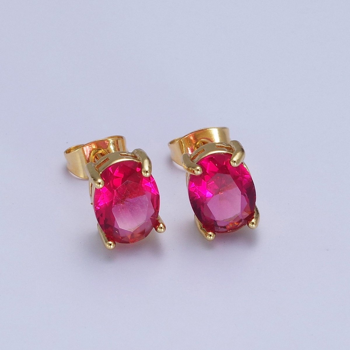 Minimalist Fuchsia Oval Cubic Zirconia Gold Stud Earrings | X-927 - DLUXCA