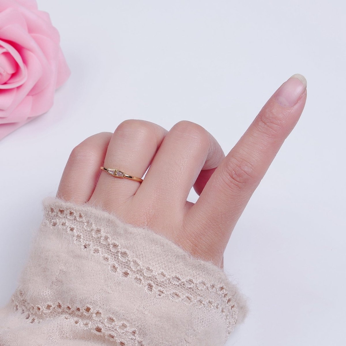 Minimalist Geometric Bar Triangle Clear Cubic Zirconia CZ Adjustable Gold Ring | X-606 - DLUXCA