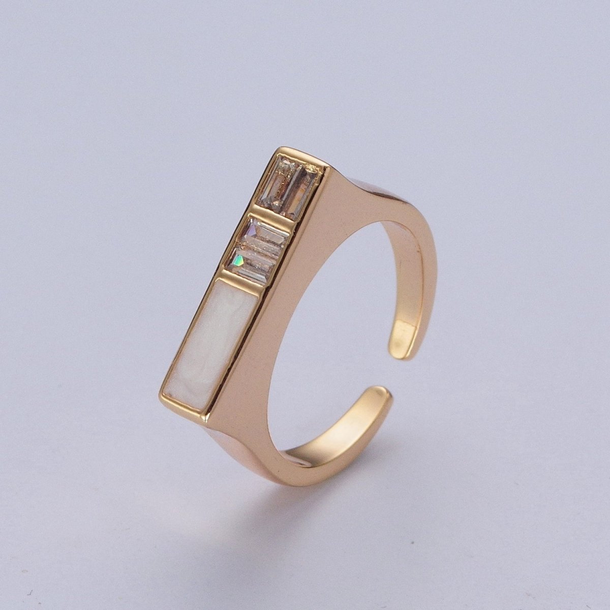 Minimalist Gold Baguette Cubic Zirconia Baguette & Enamel Flat Bar Adjustable Ring O-327 O-350 - DLUXCA