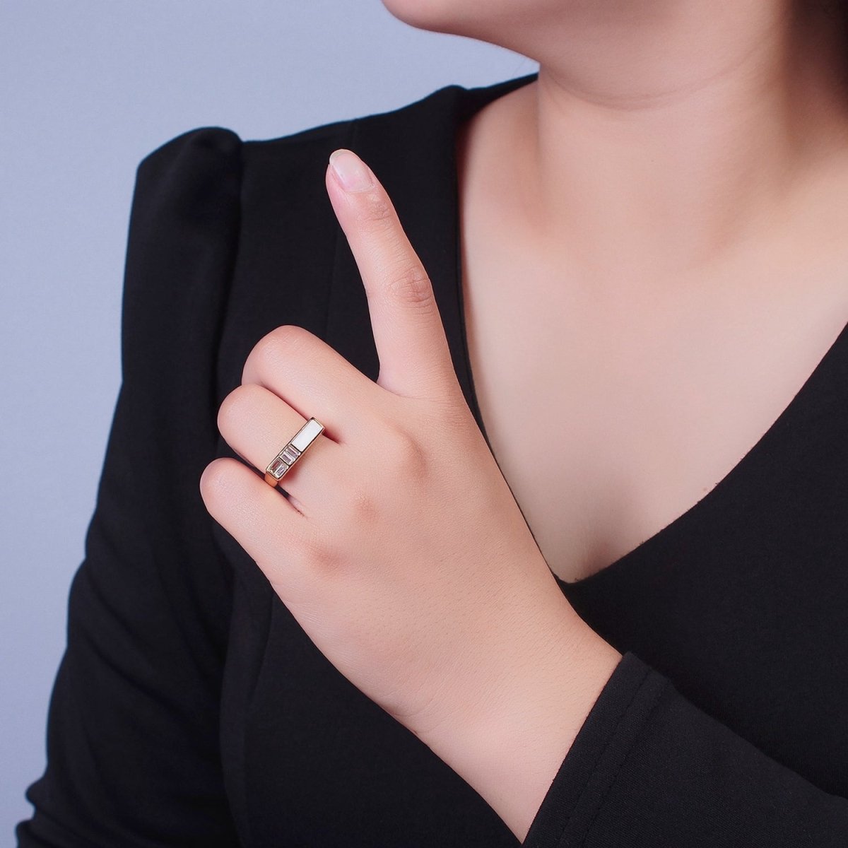 Minimalist Gold Baguette Cubic Zirconia Baguette & Enamel Flat Bar Adjustable Ring O-327 O-350 - DLUXCA