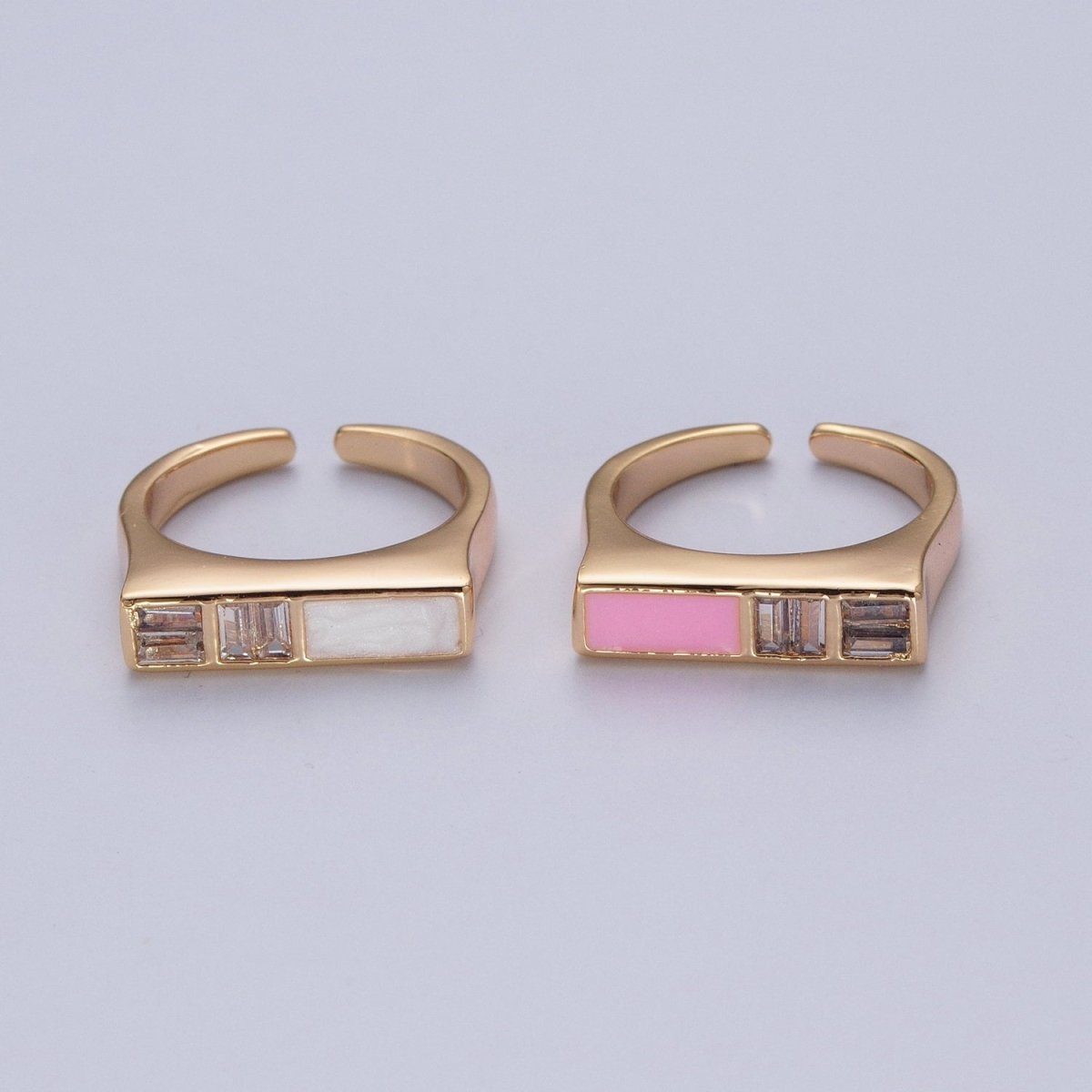 Minimalist Gold Baguette Cubic Zirconia Baguette & Enamel Flat Bar Adjustable Ring O-327 O-350 - DLUXCA