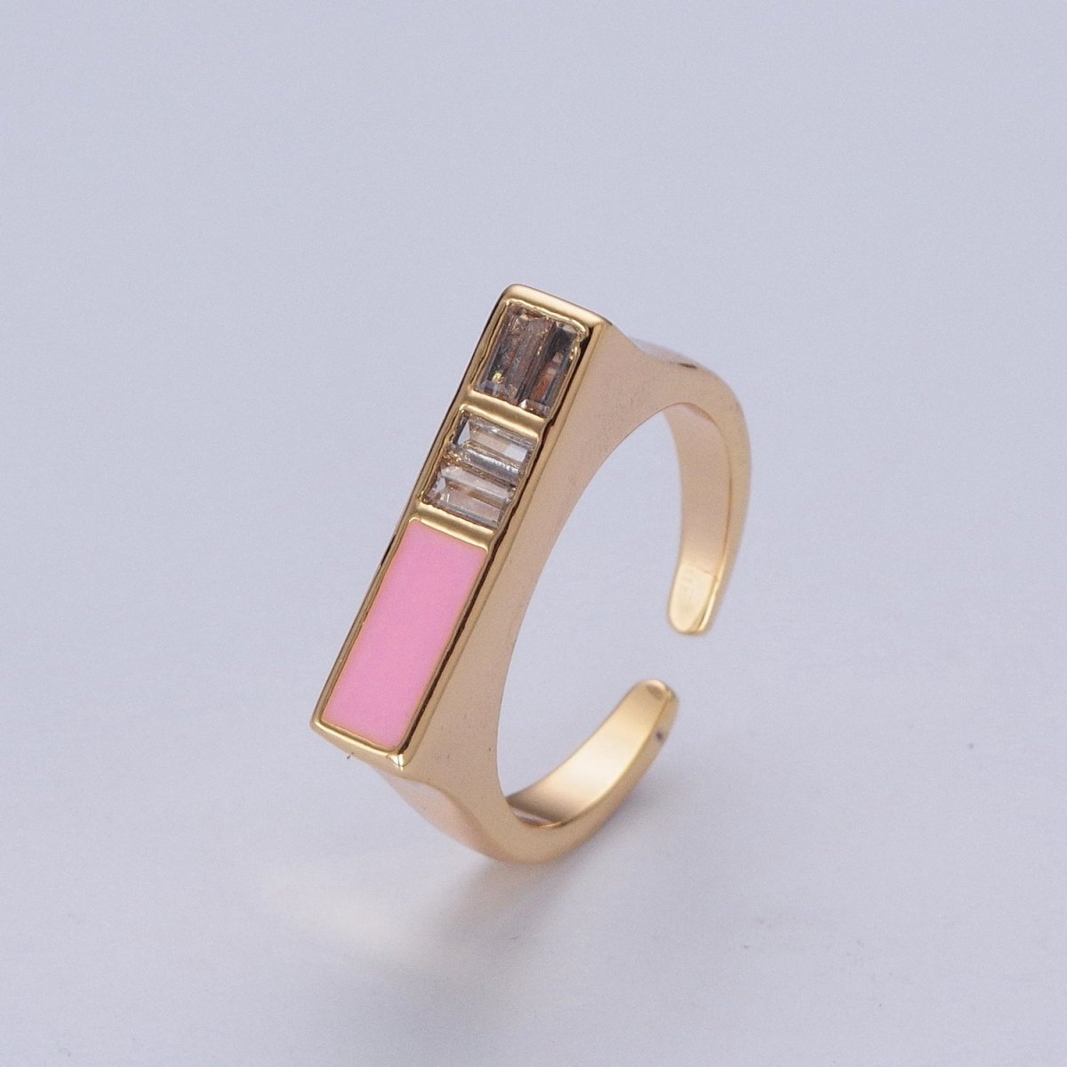 Minimalist Gold Baguette Cubic Zirconia Baguette & Enamel Flat Bar Adjustable Ring O-327 O-350 - DLUXCA
